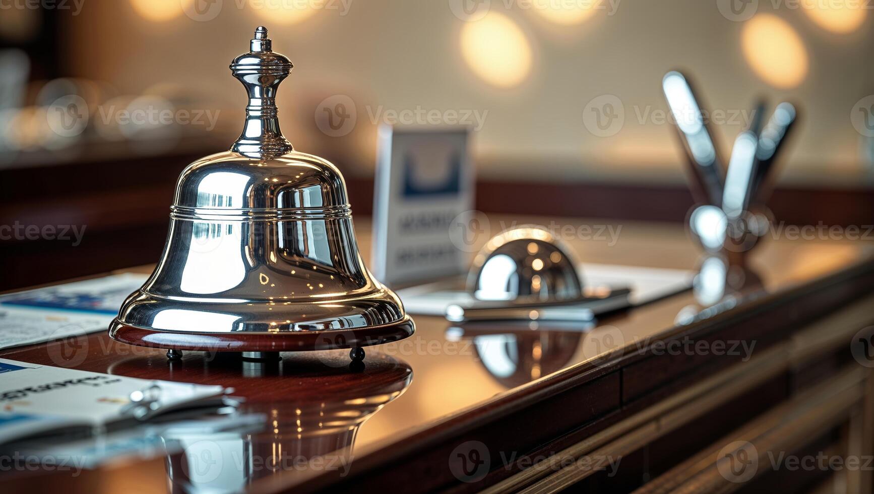 Elegant reception bell placed on a polished wooden counter in a modern hotel during daylight hours photo