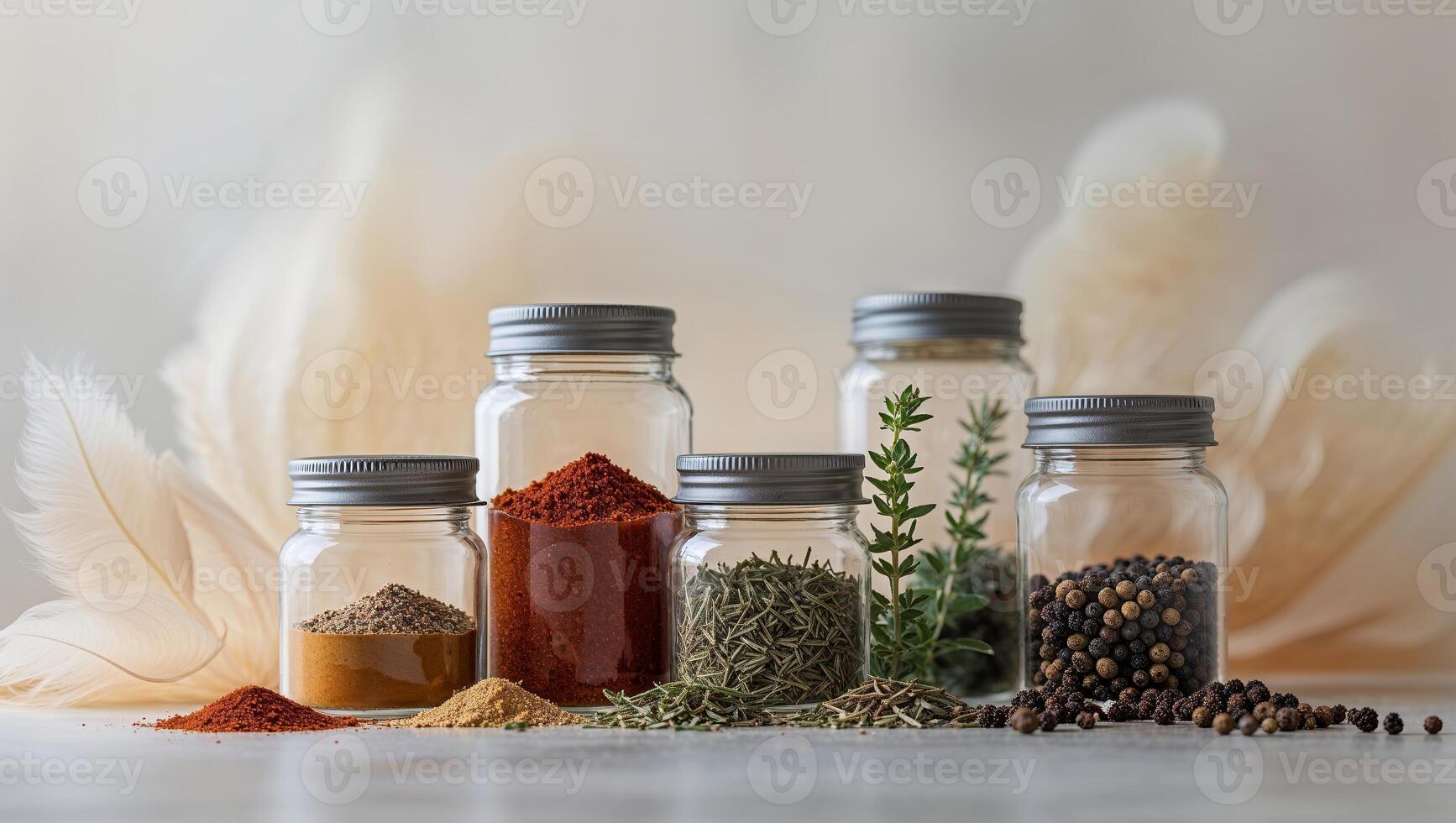 Collection of spices and herbs in glass jars on a light surface with decorative feathers in background photo