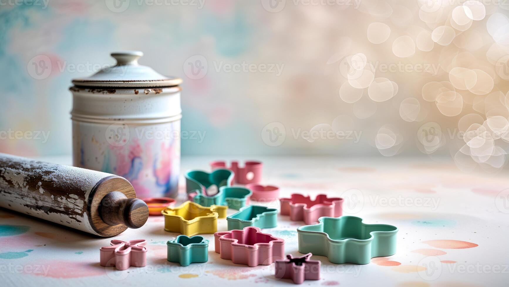 Baking tools and colorful cookie cutters arranged on a vibrant surface with a vintage storage container in a warm kitchen setting photo