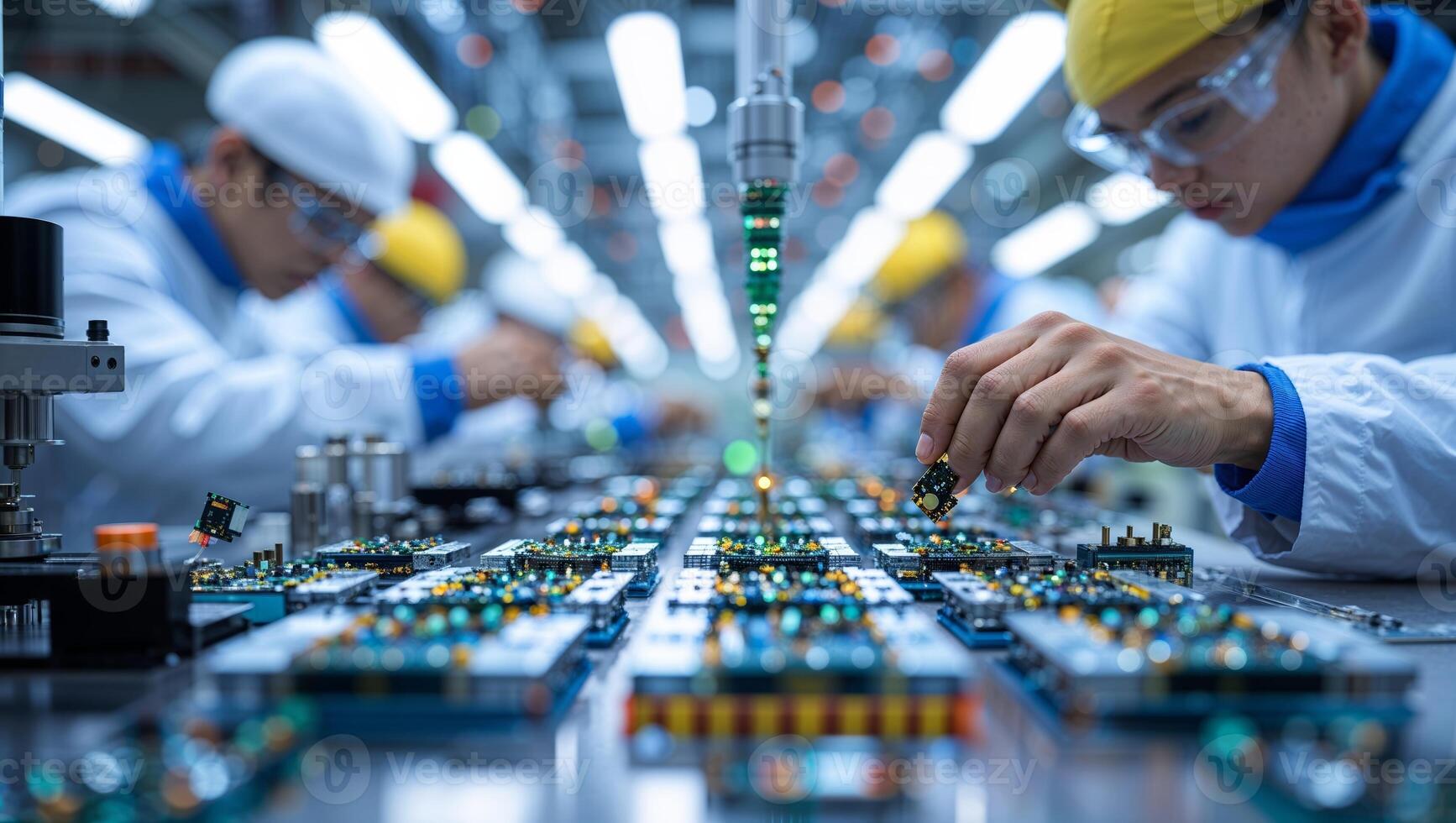 Skilled workers assemble electronic components in a high-tech factory setting during the day photo