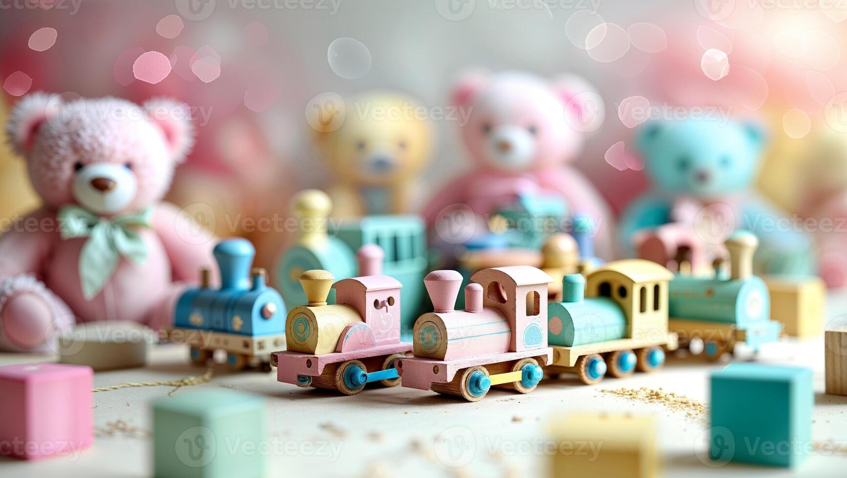 Colorful wooden trains among cute stuffed animals in a playful setting with soft pastel colors photo