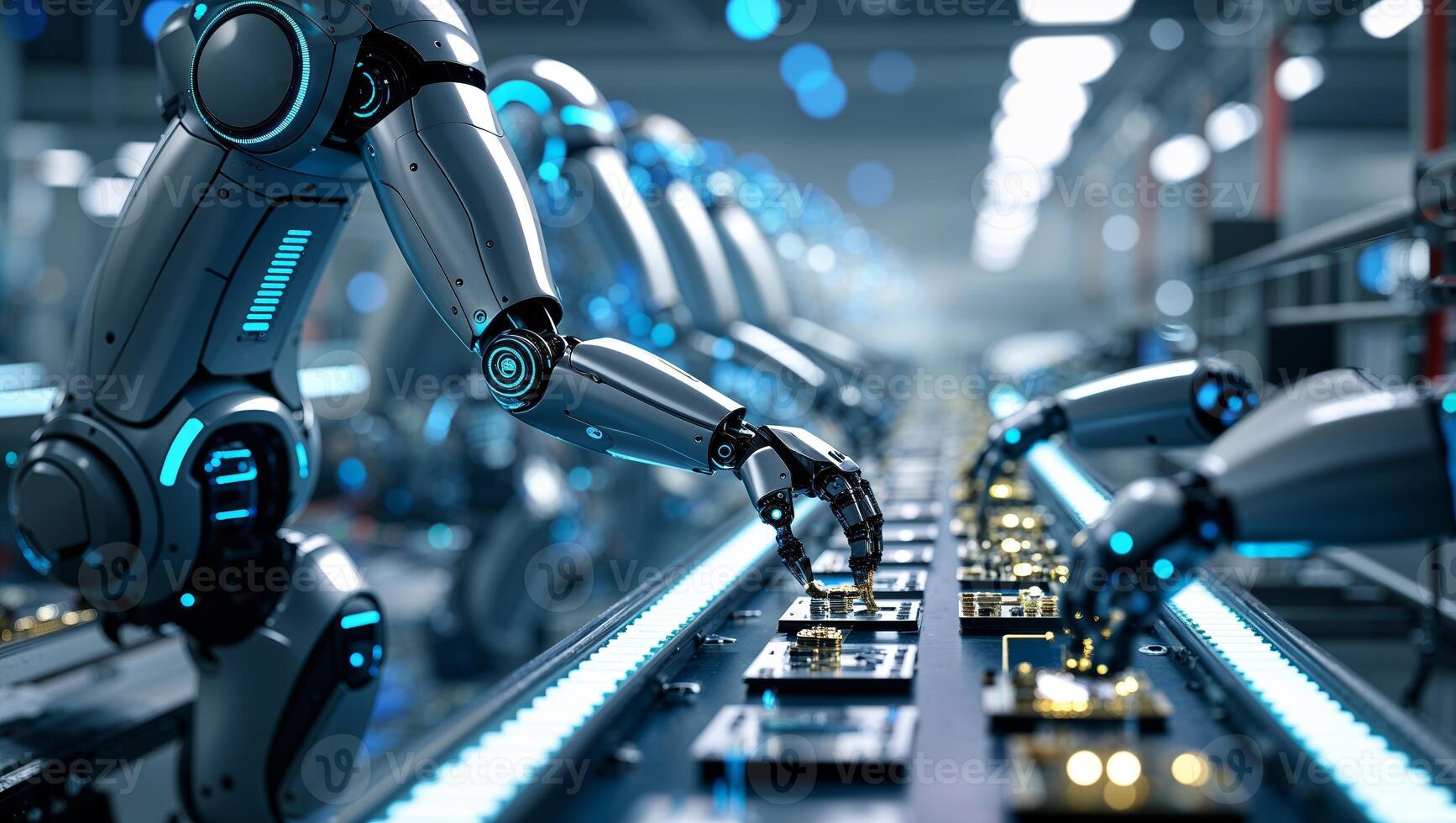 Robots assembling electronic components in a modern manufacturing facility during daylight photo