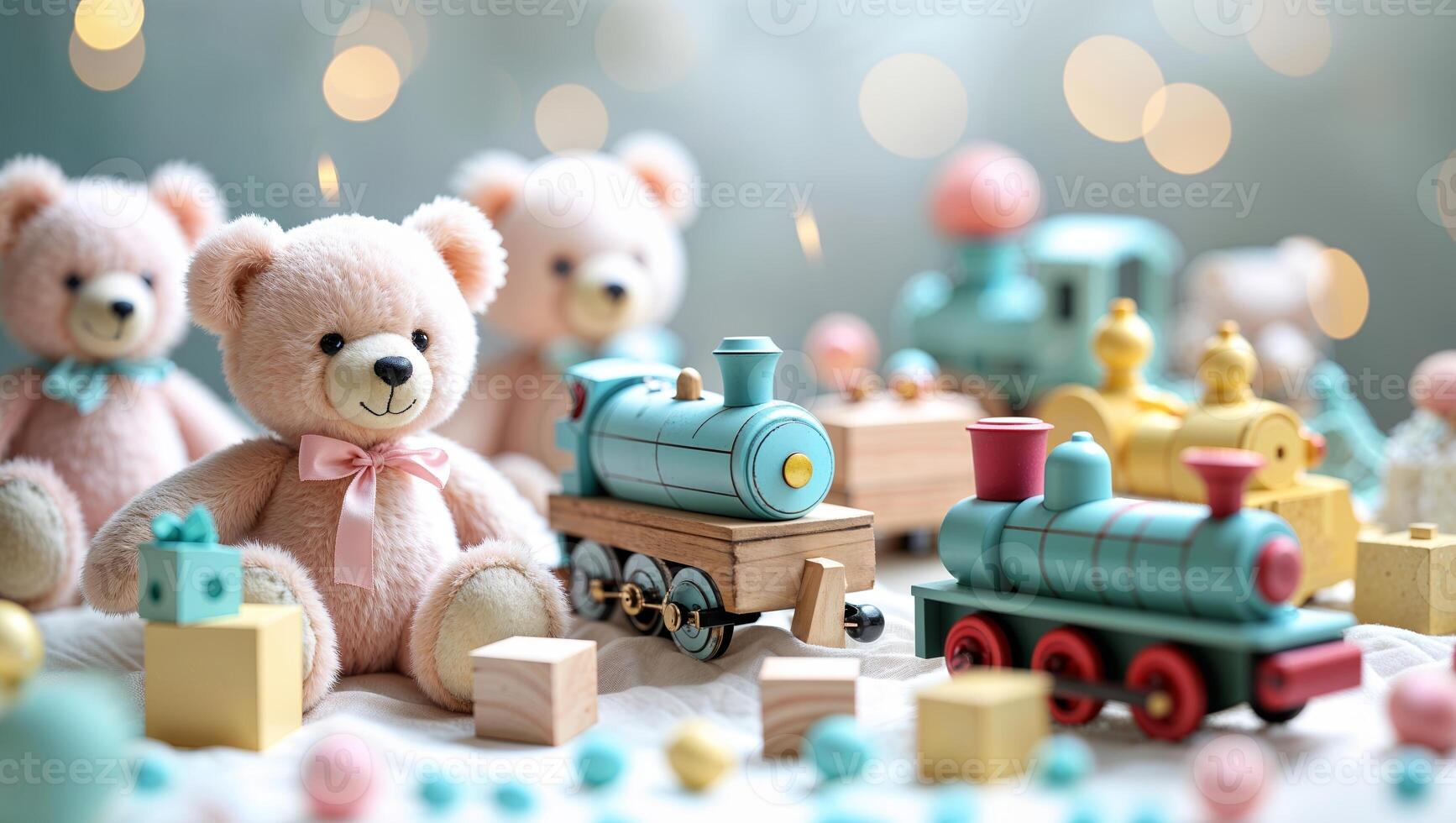 Colorful toys and teddy bears create a joyful playtime atmosphere in a cozy room filled with soft lights photo