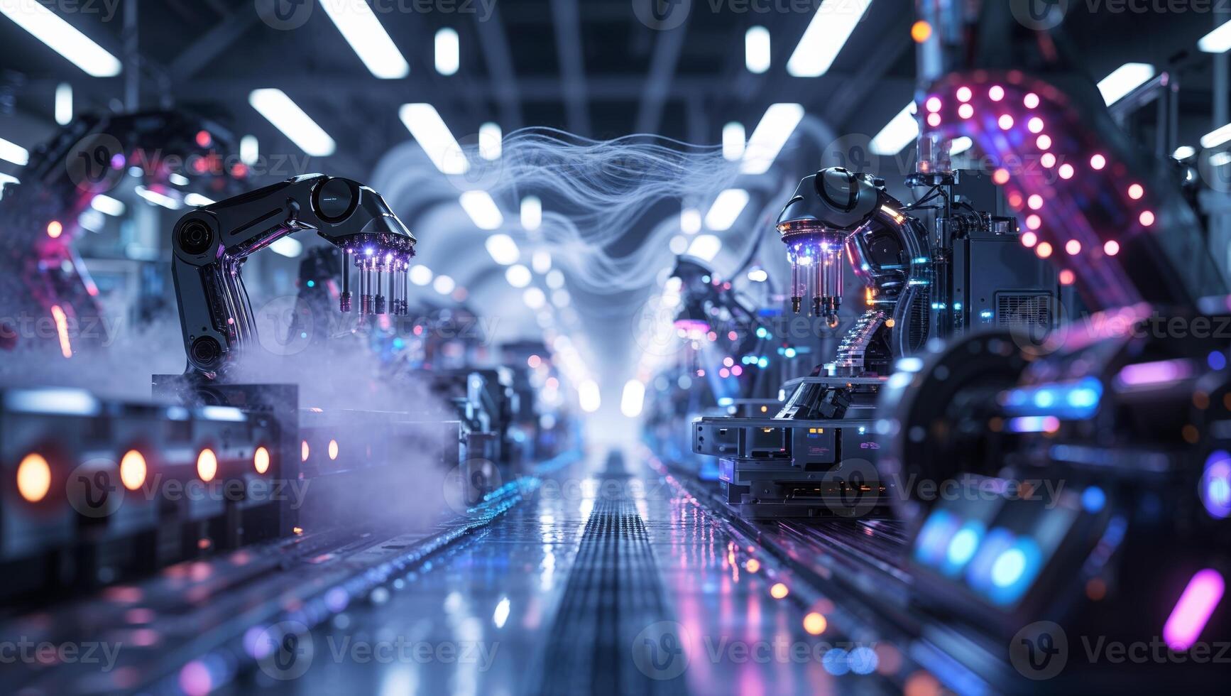 Advanced robotics in a high-tech manufacturing facility during night shift photo