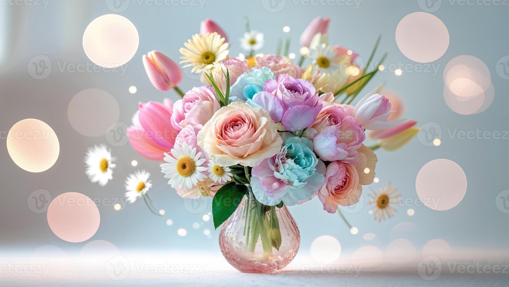 Colorful bouquet of fresh flowers arranged in a beautiful glass vase with soft bokeh background photo