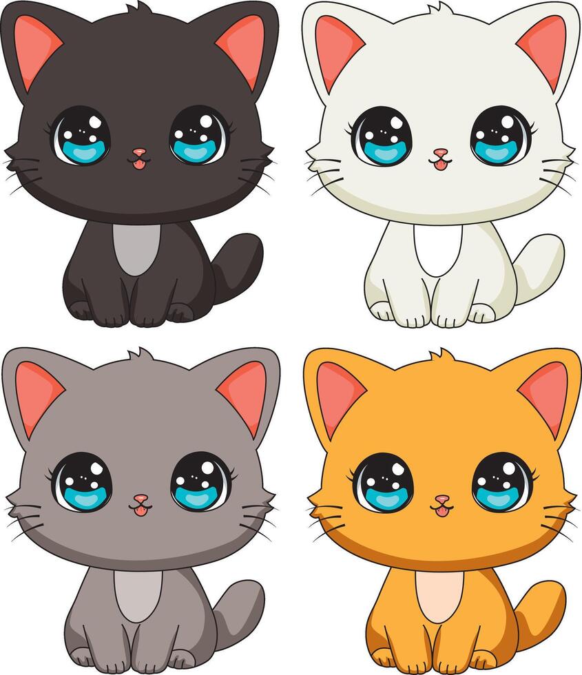 Set Of Cute Cats In Various Color Cartoon Illustration vector