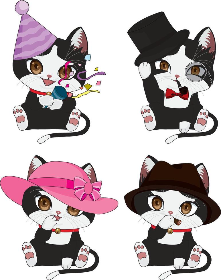 Four Cartoon Cats With Big Eyes Collation Mascot vector