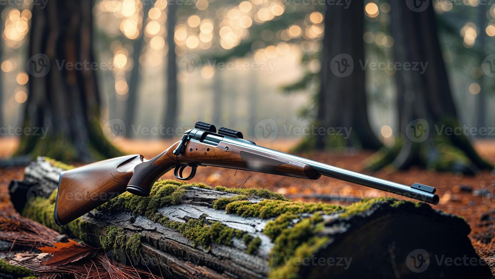 Rustic hunting rifle resting on a moss-covered log in a tranquil forest setting during early morning hours photo