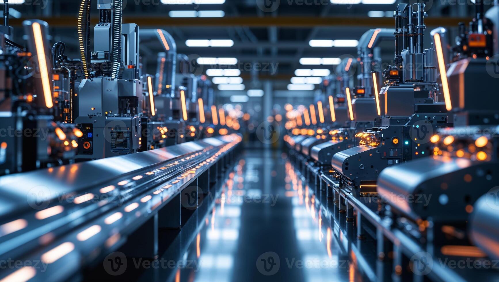 Industrial automation on a factory floor with advanced robotic systems working in harmony photo