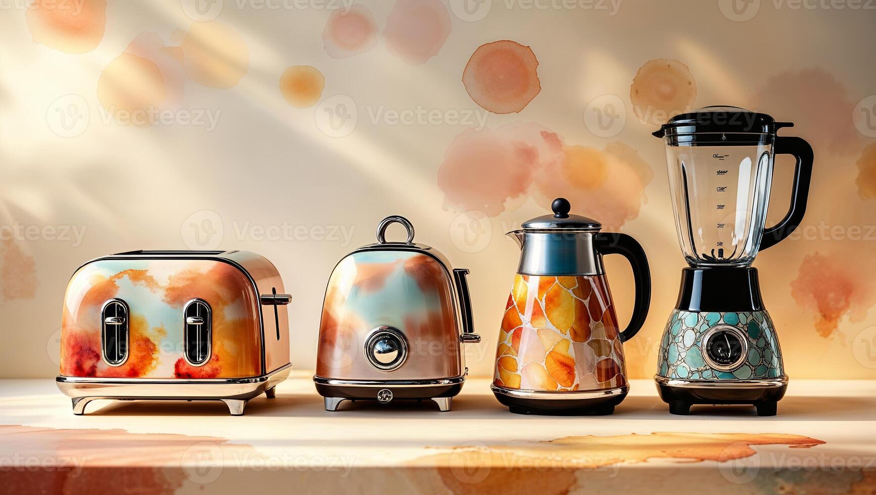 Charming kitchen appliances with watercolor patterns displayed on a countertop in soft natural light photo