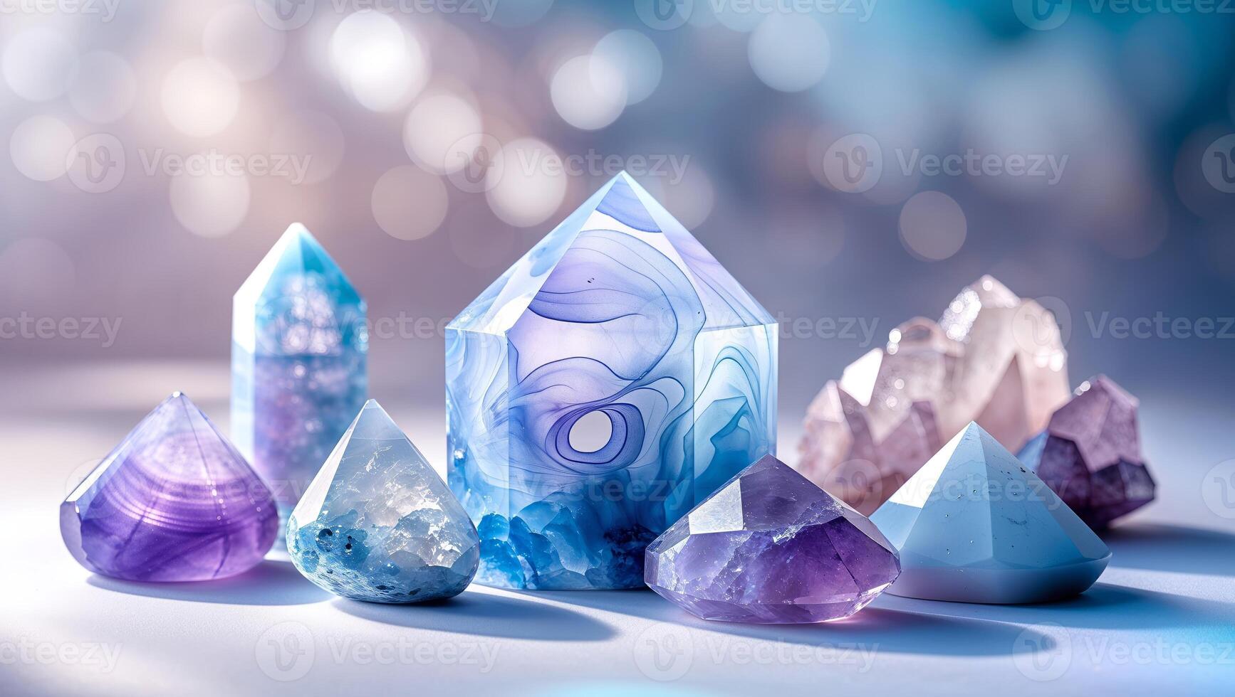 Colorful crystals arranged aesthetically with soft lighting creating a magical atmosphere in a serene setting photo