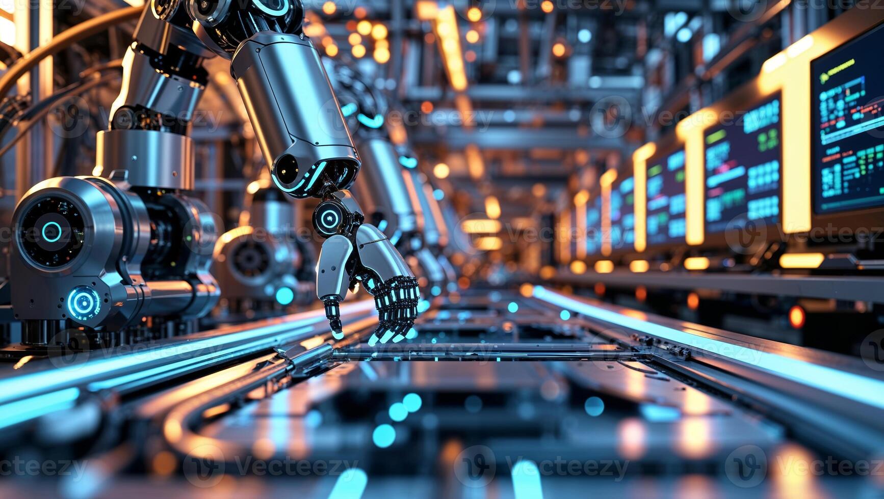 Advanced robotic arm working in a high-tech manufacturing facility with illuminated screens photo
