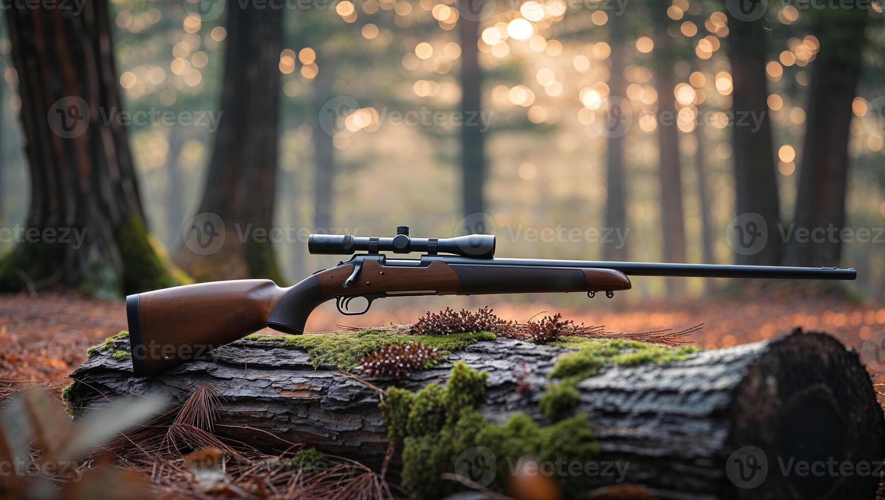 Rifle resting on a moss-covered log in a serene forest during the golden hour photo
