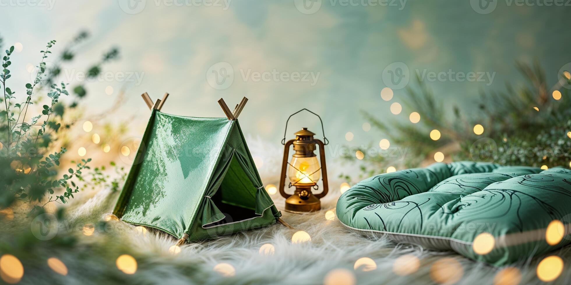 Cozy camping setup featuring a green tent, warm lantern, and soft bedding creating a magical atmosphere photo