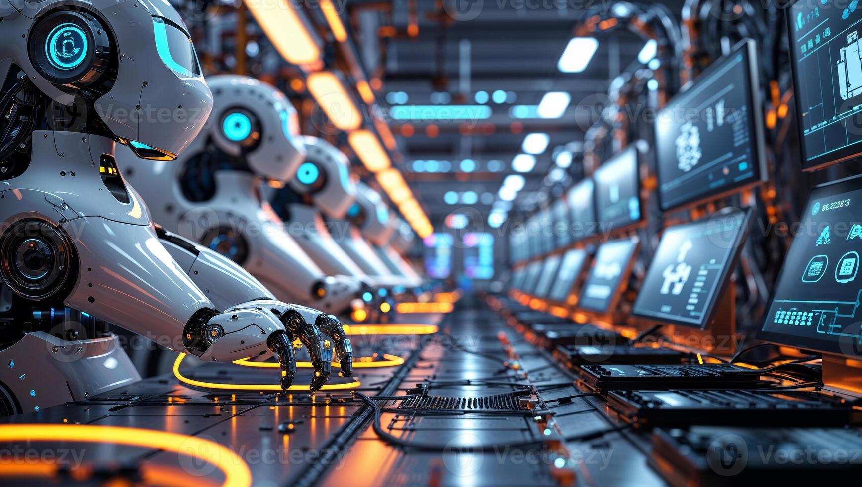 High-tech robots working in a futuristic factory setting during daytime with illuminated monitors and machinery photo
