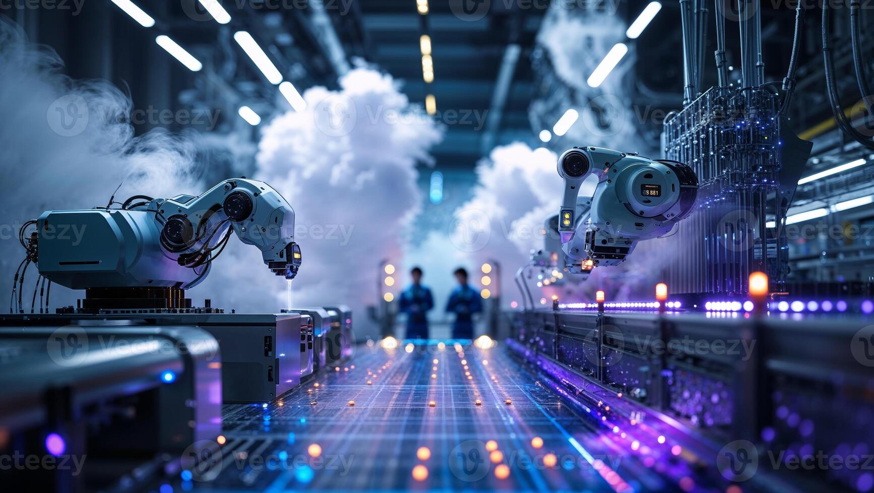 Robots automate production in a high-tech manufacturing facility during daytime with vibrant lights and steam photo