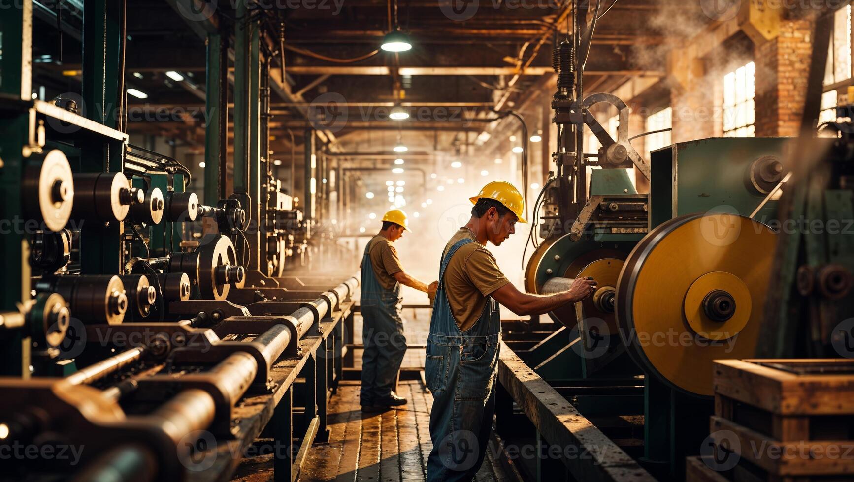 Workers operate machinery in a bustling factory environment with steam and lights illuminating the space photo