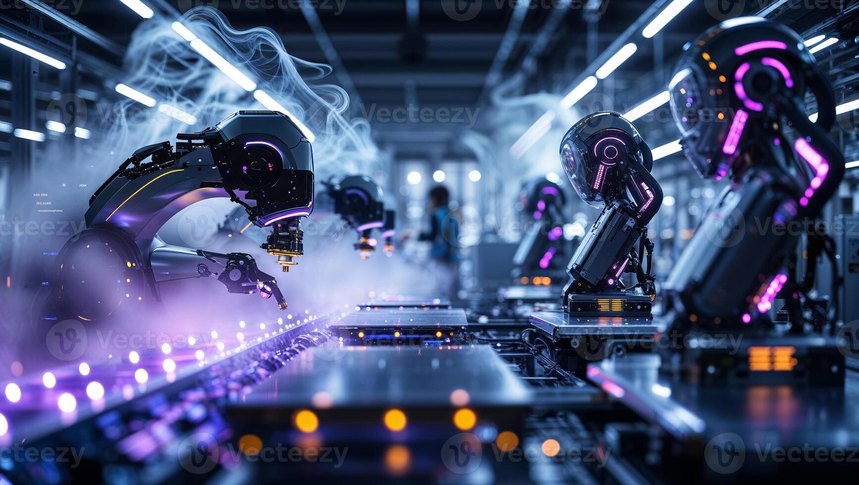 Advanced robotic arms performing automated assembly in a modern factory setting during nighttime operations photo