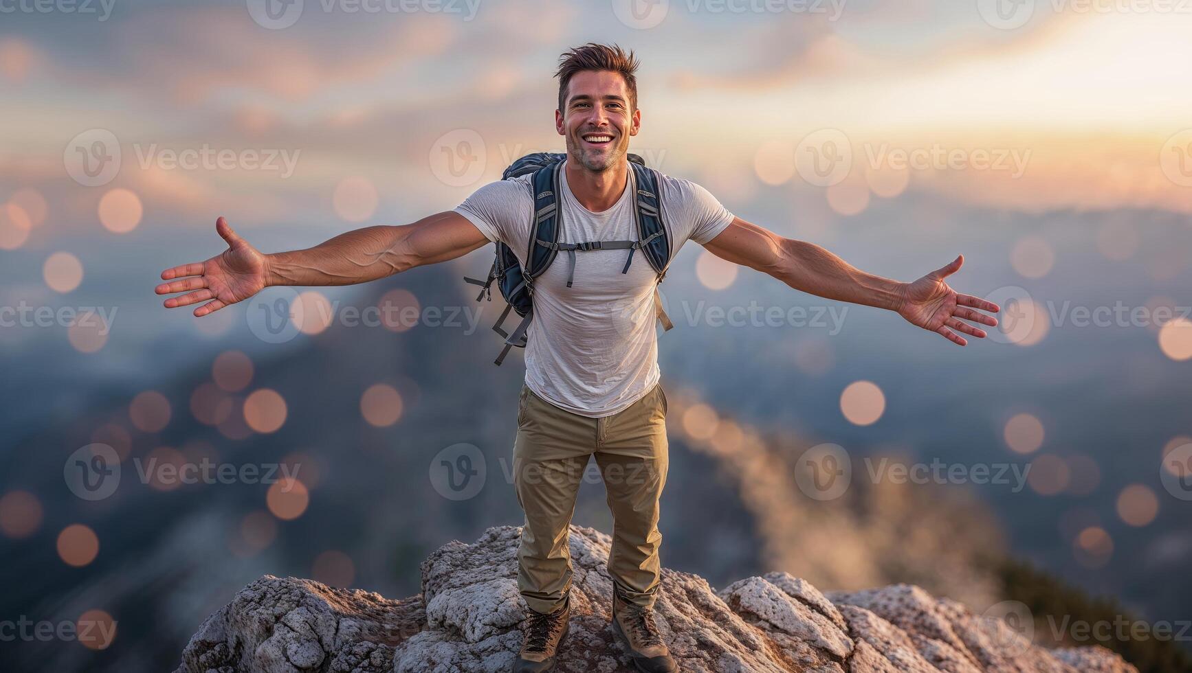 Young man celebrates reaching mountain summit during sunset with open arms and a joyful expression photo