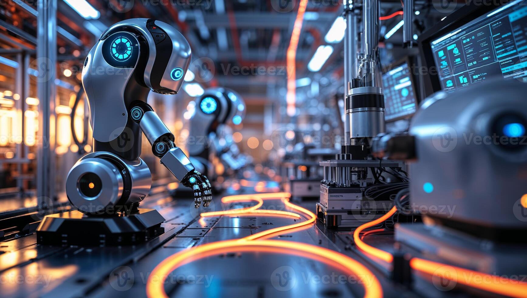 Advanced robotic arms working on an assembly line in a modern production facility during late afternoon hours photo