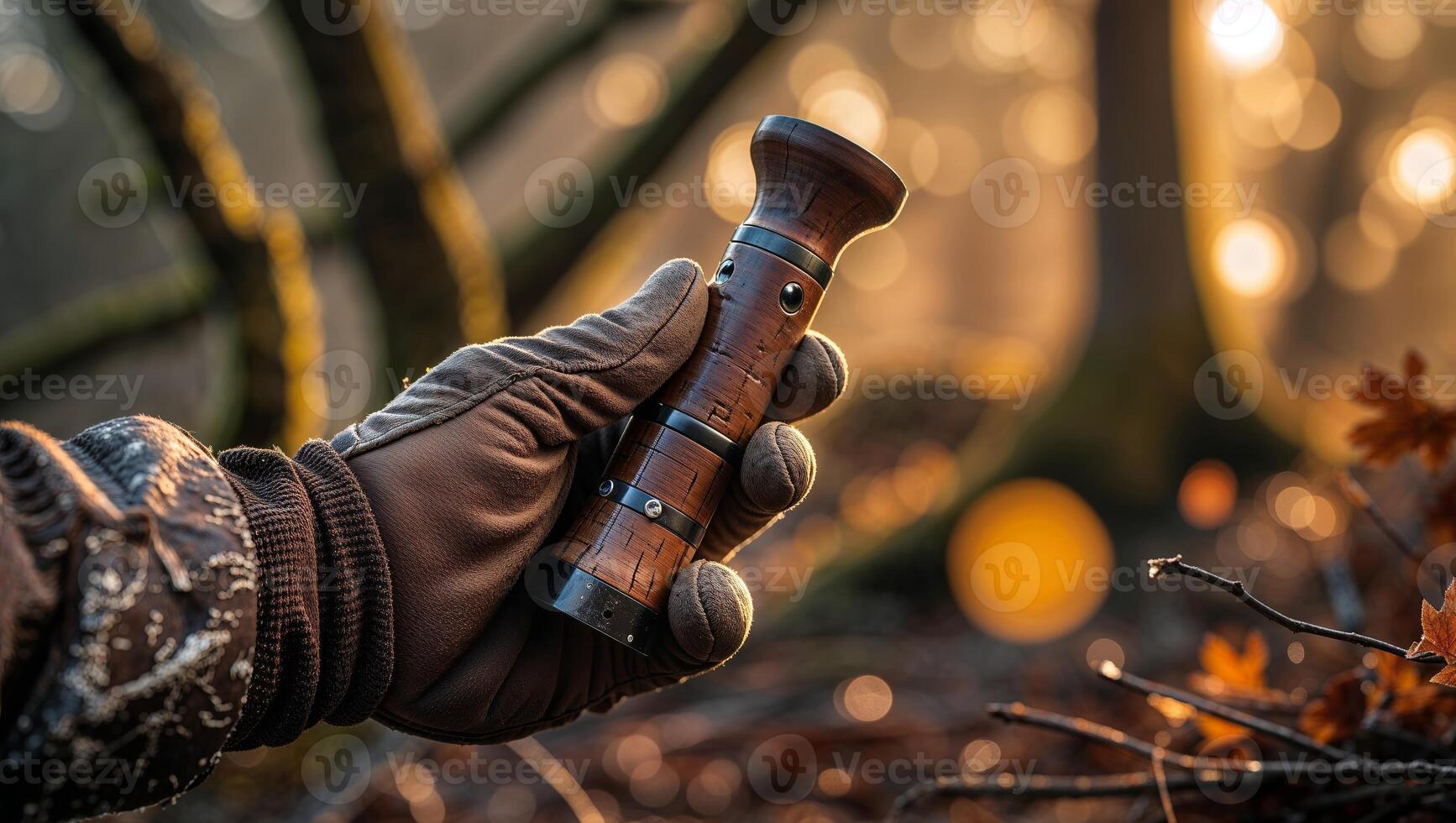 Hiking enthusiast holding a vintage flashlight in the forest during golden hour photo