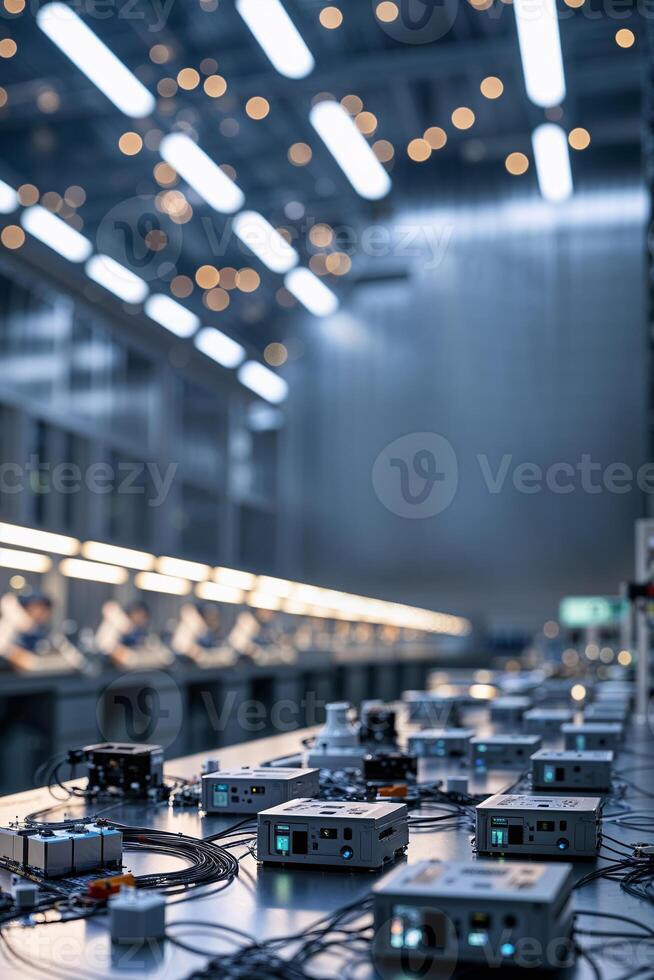 Workstation filled with electronic equipment in a modern factory during evening hours photo