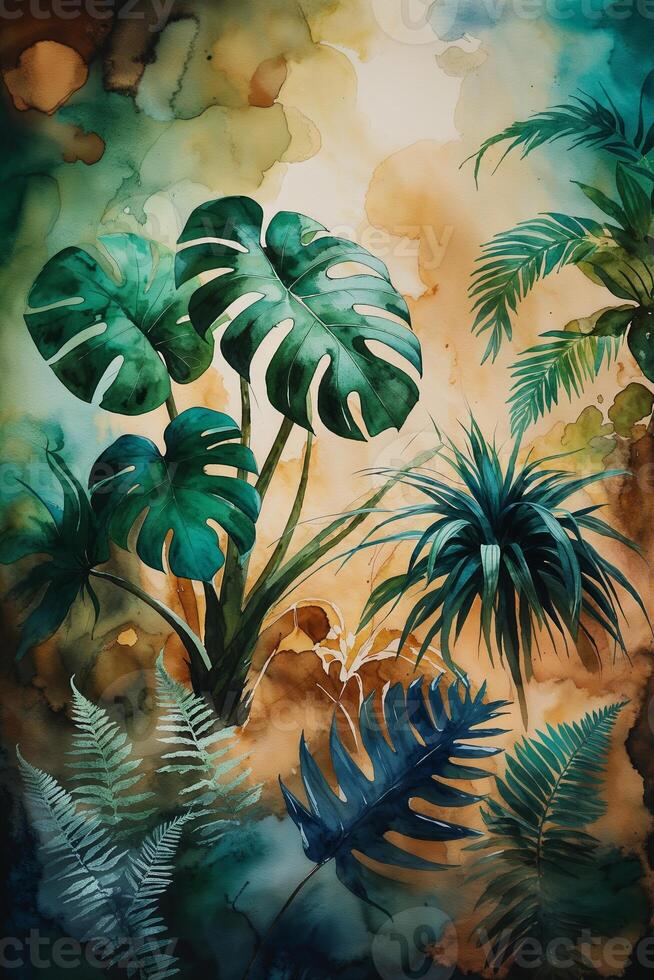 Lush tropical foliage displayed in vibrant watercolor art capturing a serene botanical scene photo