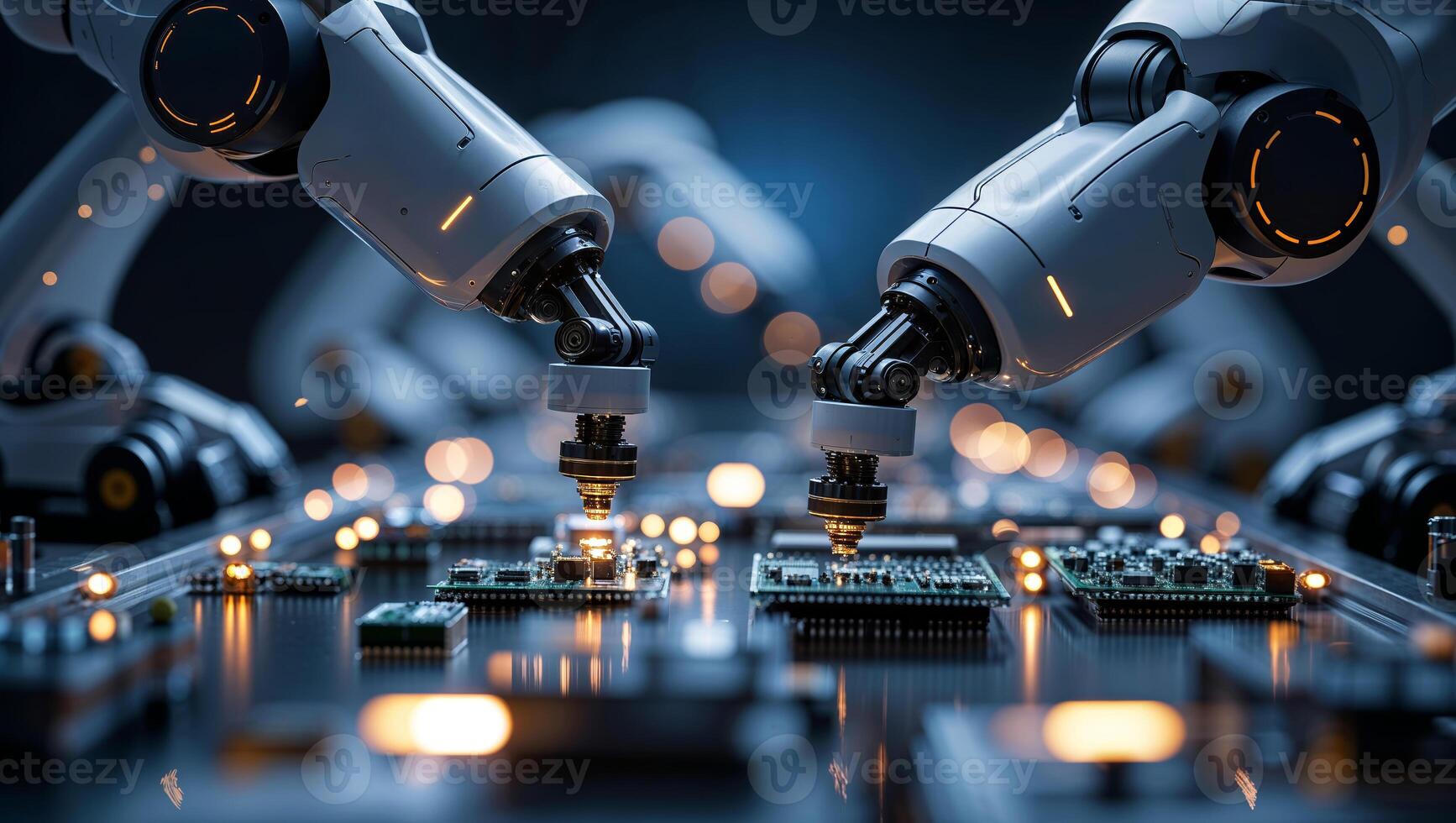 Robots assembling electronic components on a circuit board in a high-tech manufacturing facility during nighttime photo