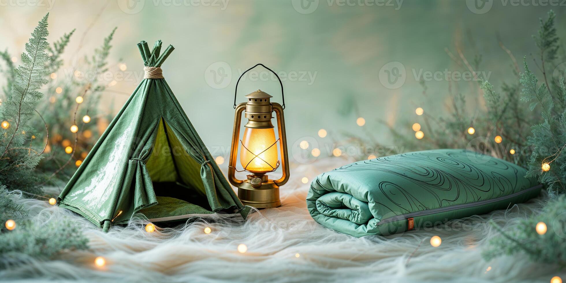 Cozy camping setup with a green tent and lantern surrounded by soft fabric and fairy lights photo