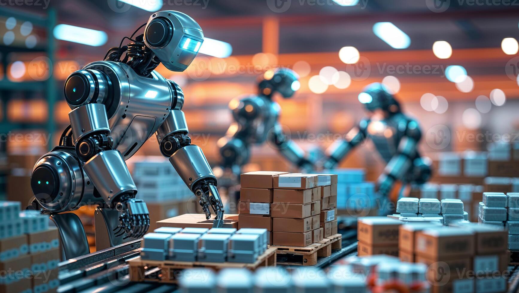 Robots assembling packages in a modern warehouse during a busy daytime operation photo