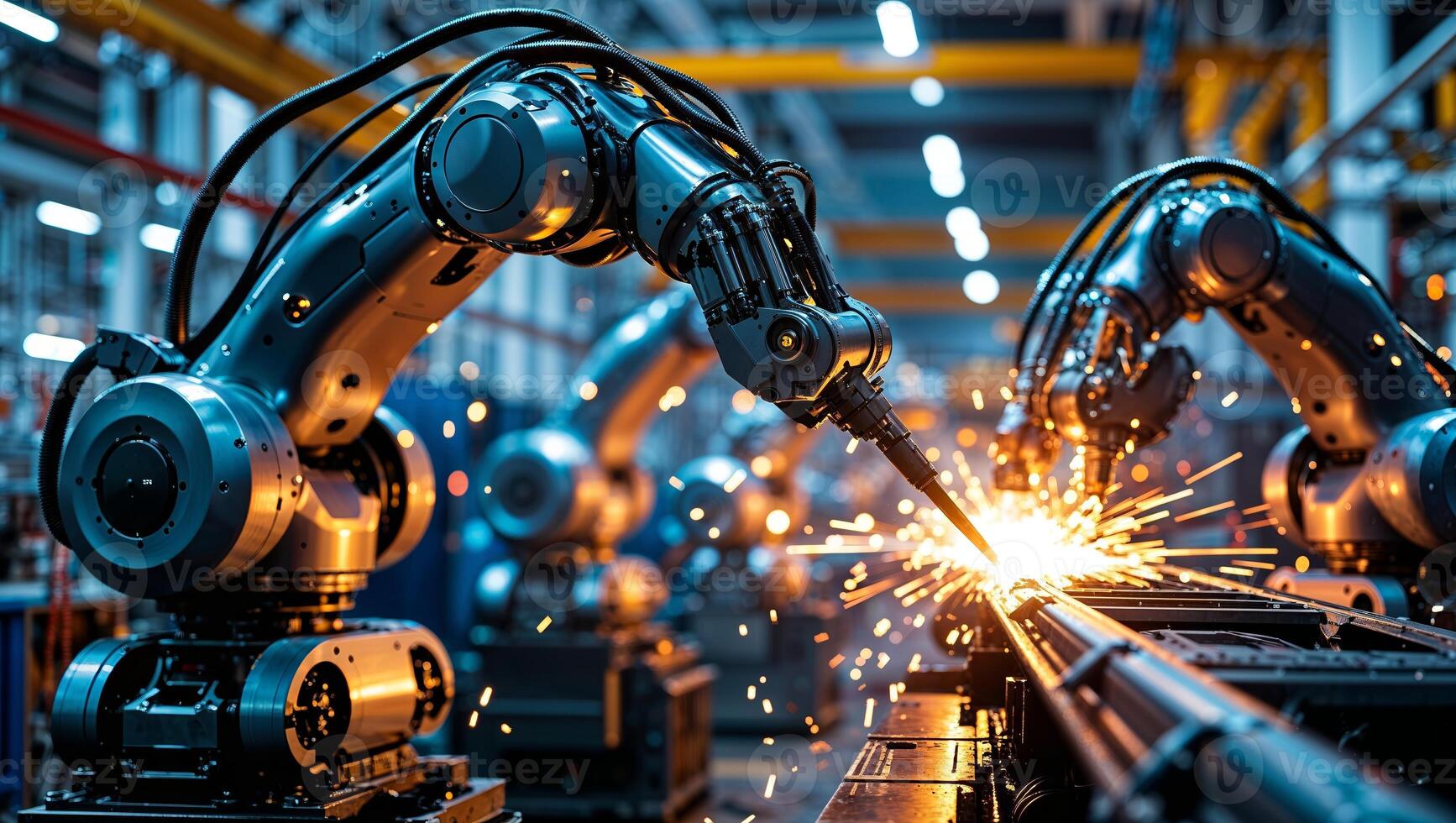 Advanced robotic arms welding steel components in a modern manufacturing facility during evening hours photo