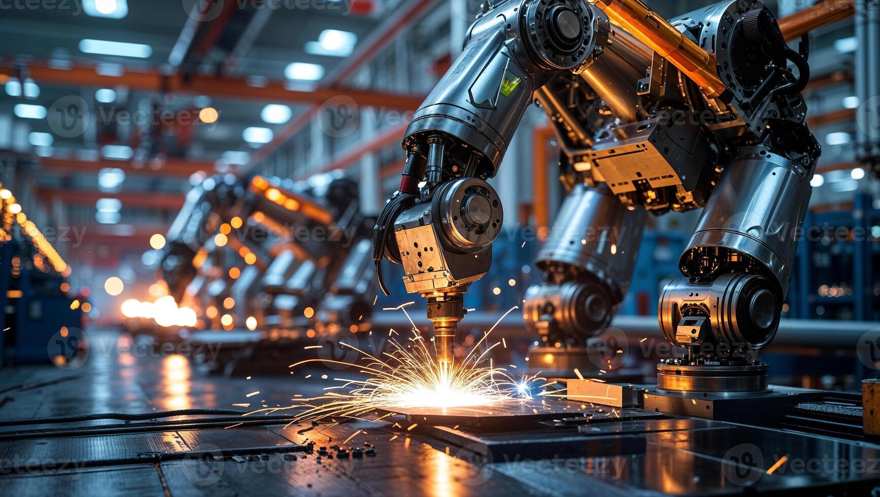 Automation in a modern manufacturing facility with robotic arms performing welding tasks photo
