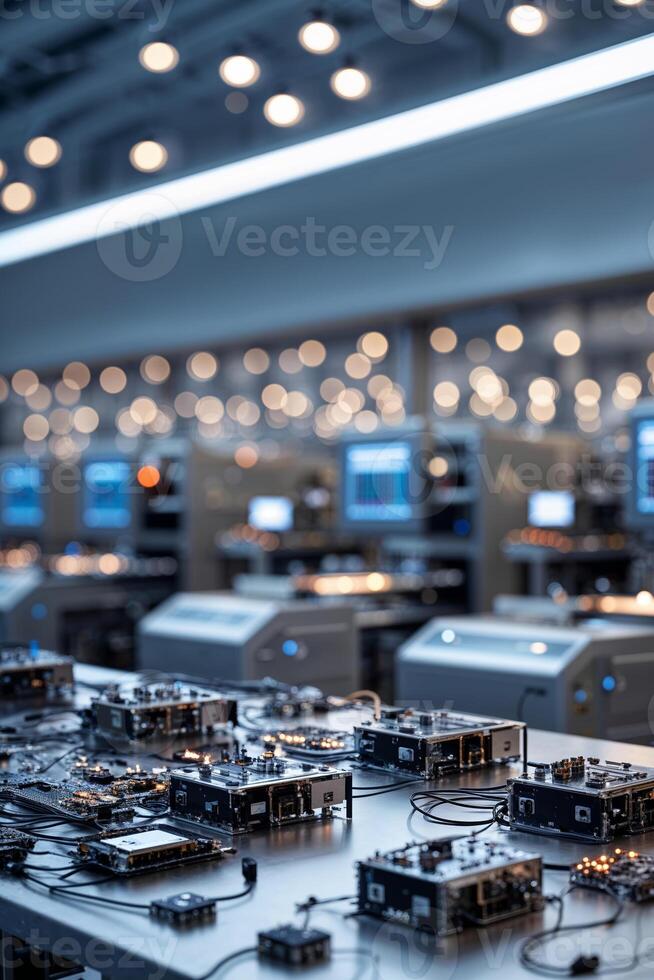 Advanced technology equipment array in a modern workspace during evening hours photo