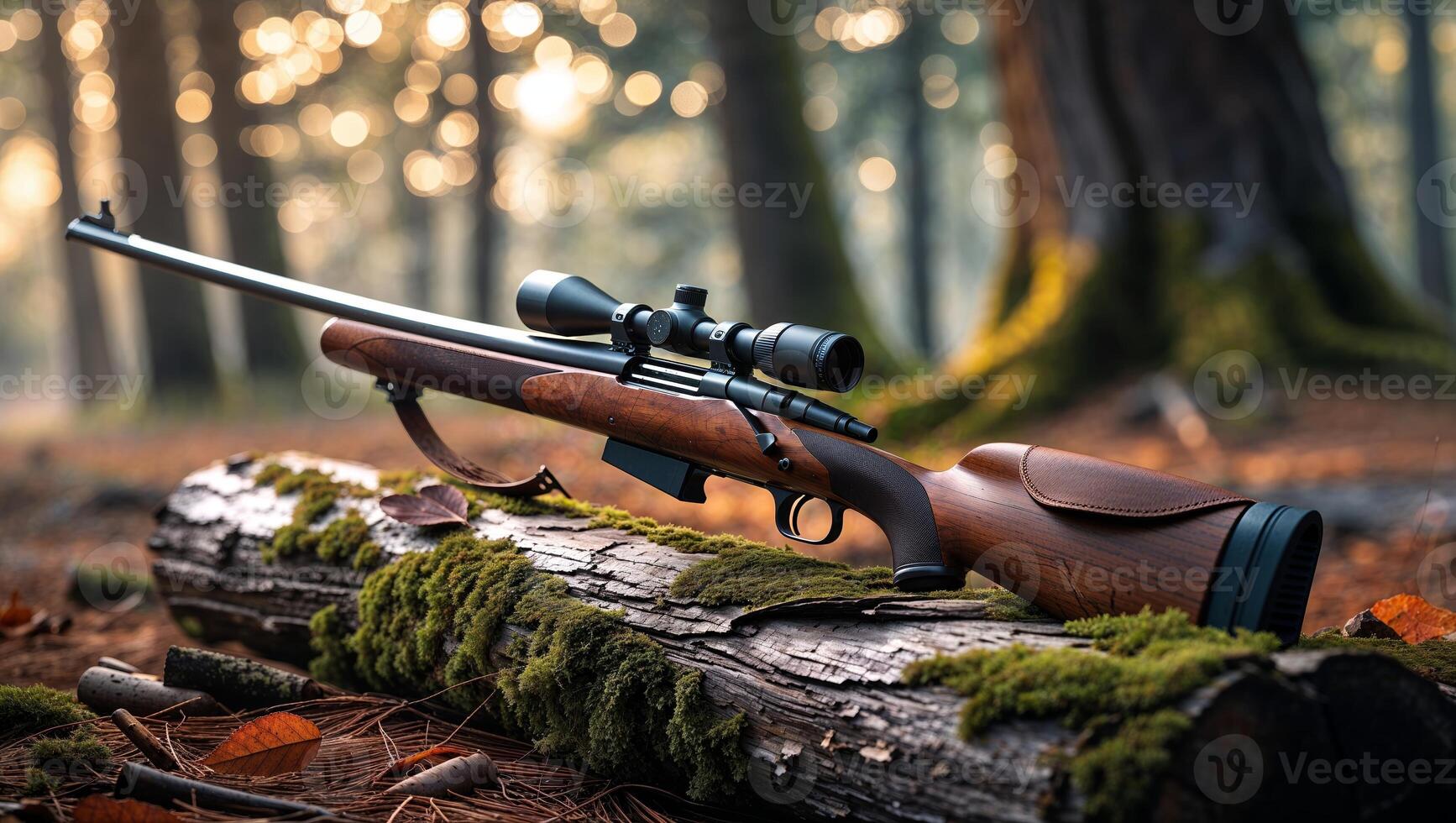 Rifle rests on a moss-covered log surrounded by trees in a sunlit forest during autumn photo