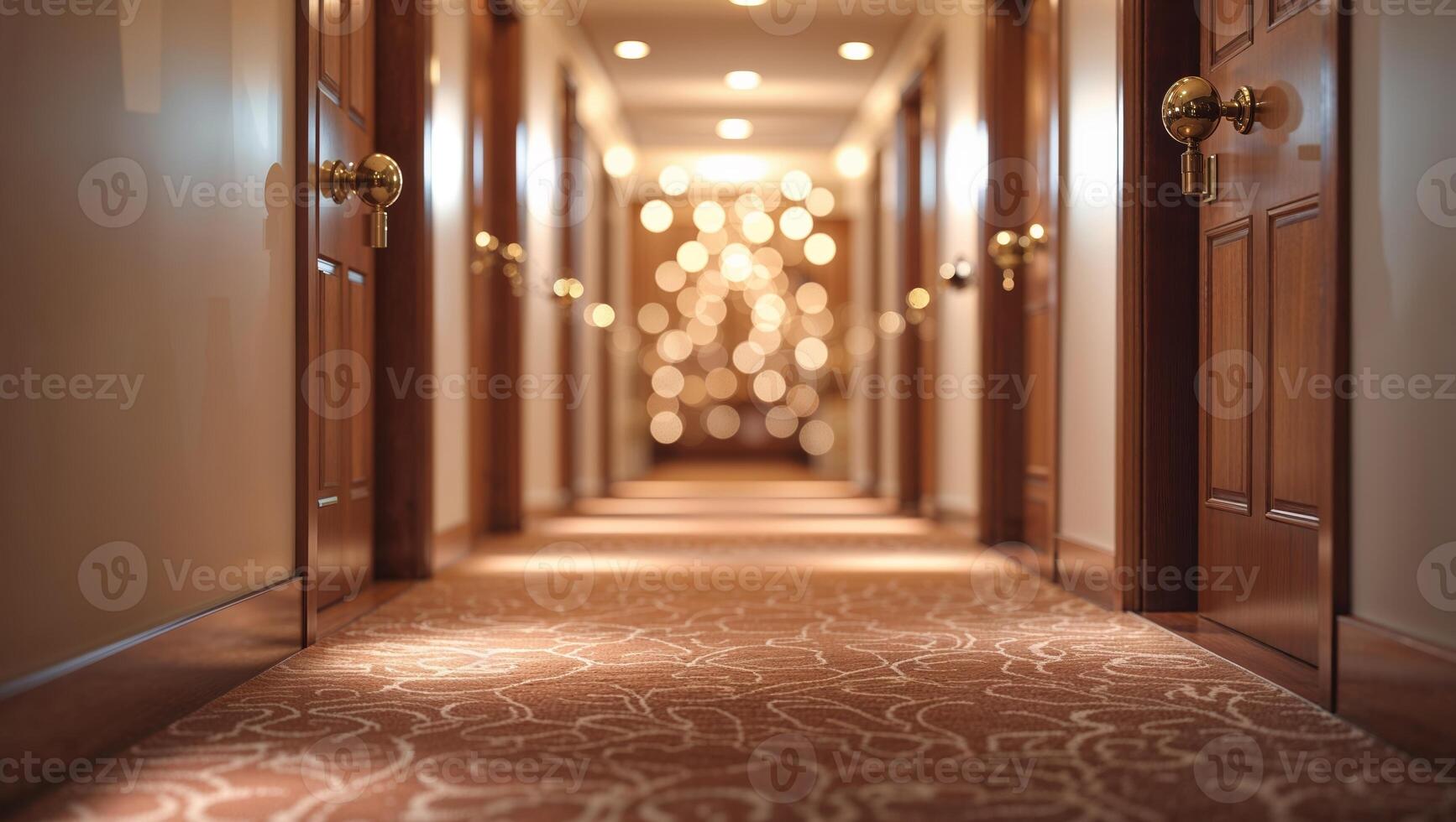 Quiet hotel corridor leading to softly lit rooms reveals an inviting atmosphere and elegant decor photo