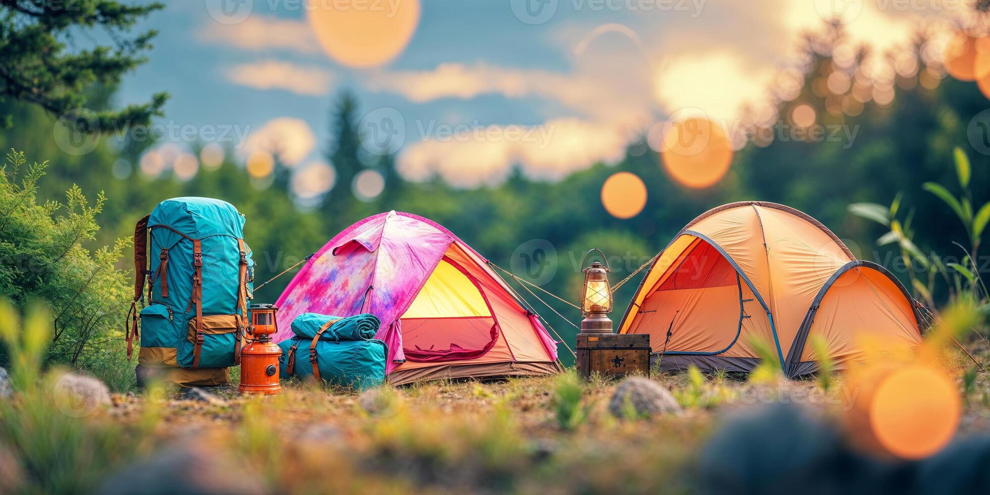 Colorful tents and backpacks set up for camping in a forest at sunset photo
