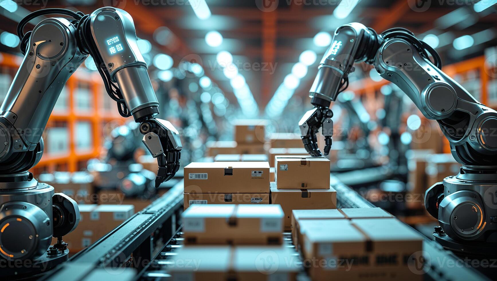 Automation machines operate in a warehouse, organizing boxes efficiently during peak hours photo