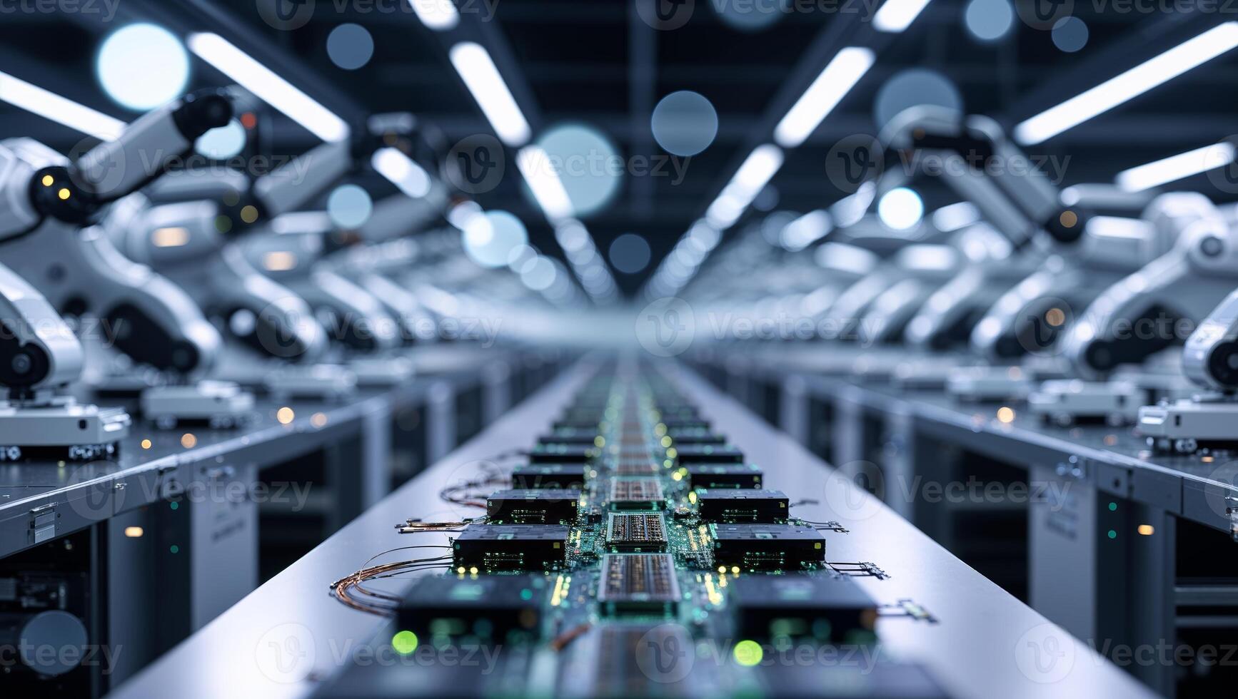 Robotics and automation at work in a high-tech assembly line for manufacturing electronic components photo