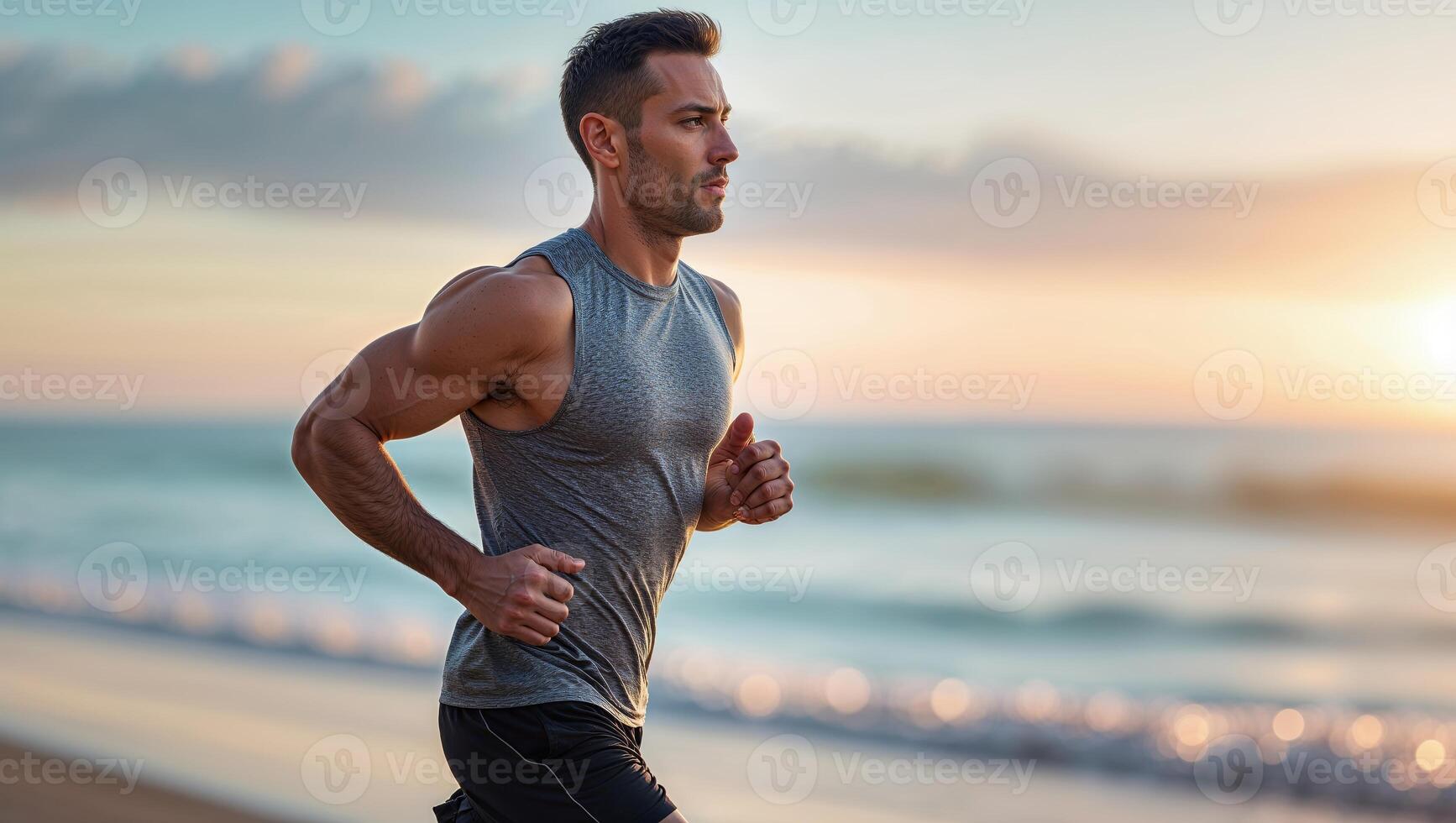 Man running along a beach at sunset, enjoying fitness and nature's beauty by the ocean waves photo