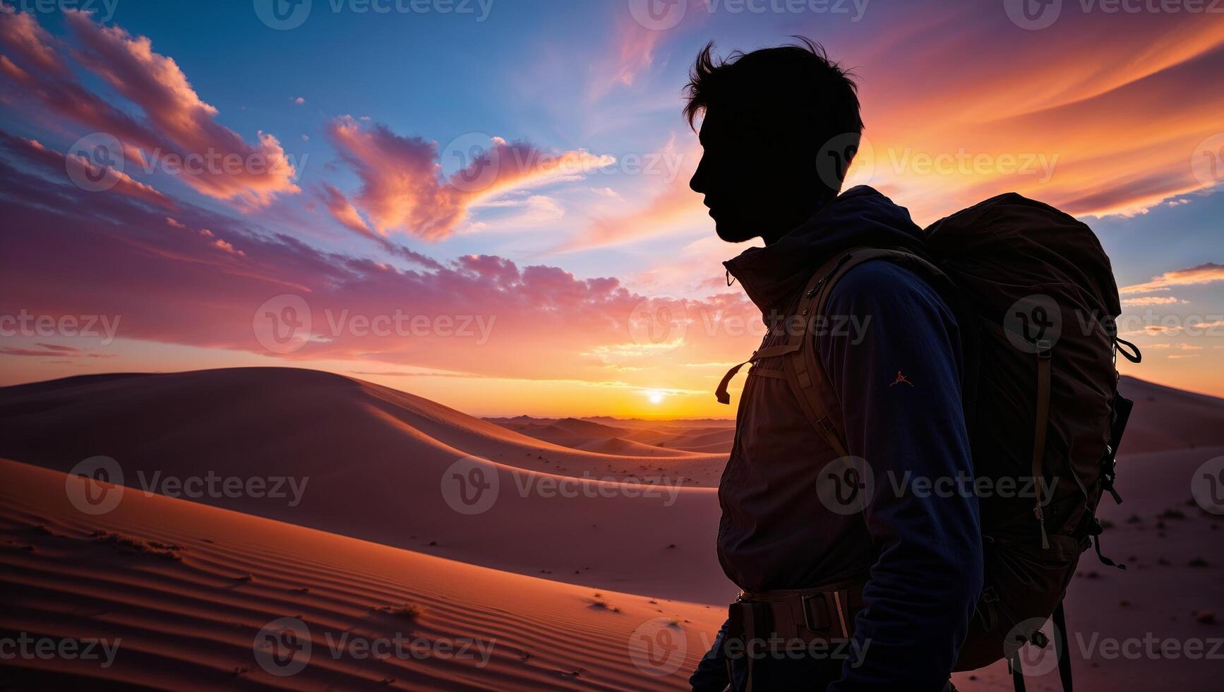 Silhouette of a hiker against a vibrant sunset in a vast desert landscape photo