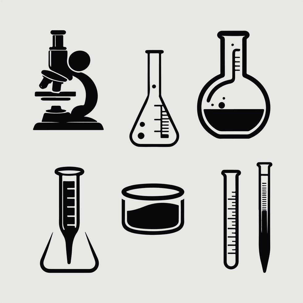various Science and Laboratory Tools Silhouette on a White Background vector
