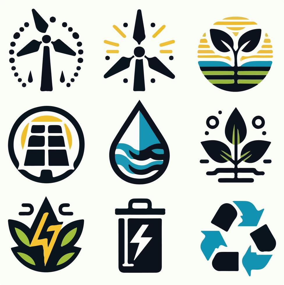 Different Solar Energy Icons Panels, Sun, and More vector