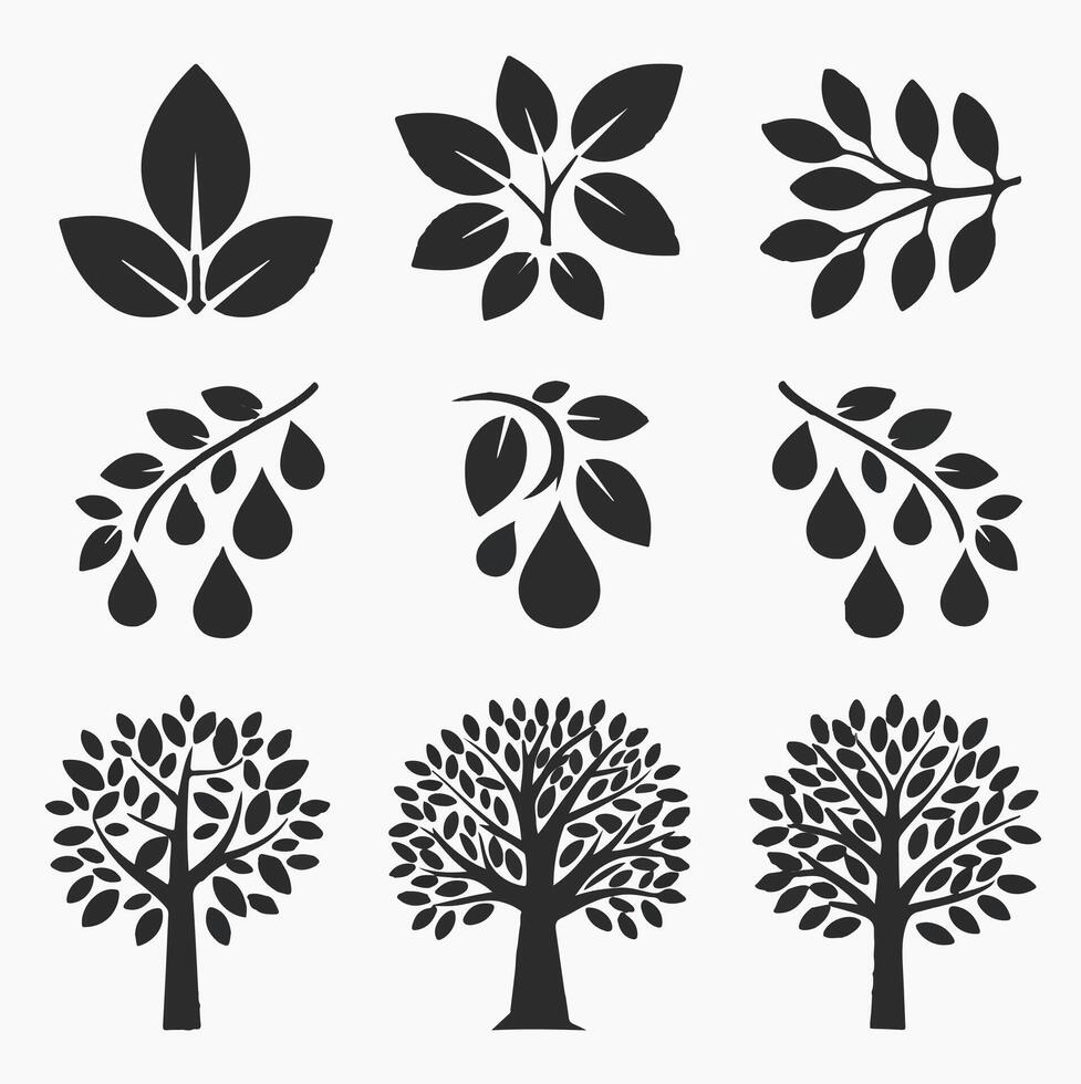 Different Botanical Silhouette Designs Trees and Leaves vector