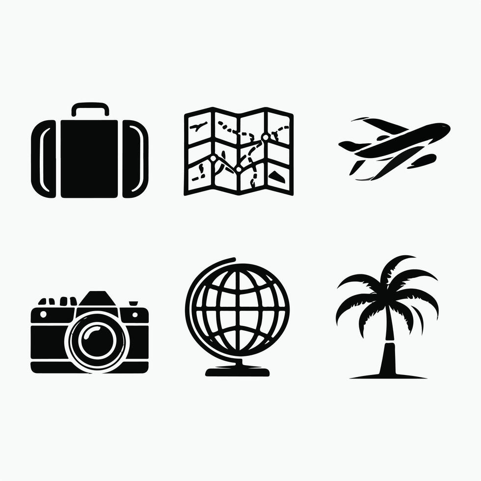 Collection Of Retro Travel-Themed Black Silhouette Icons vector
