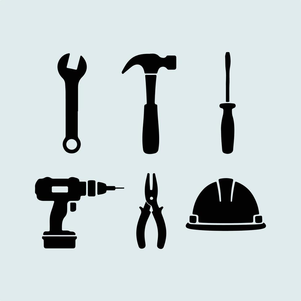 Different Industrial Tool Icons Hammers, Drills, and Gears vector