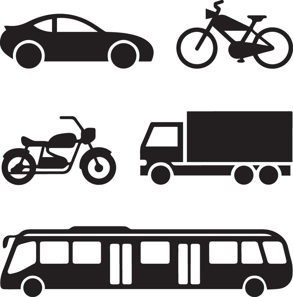Various Simple Modern Vehicle Silhouettes Car, Bicycle, and More vector
