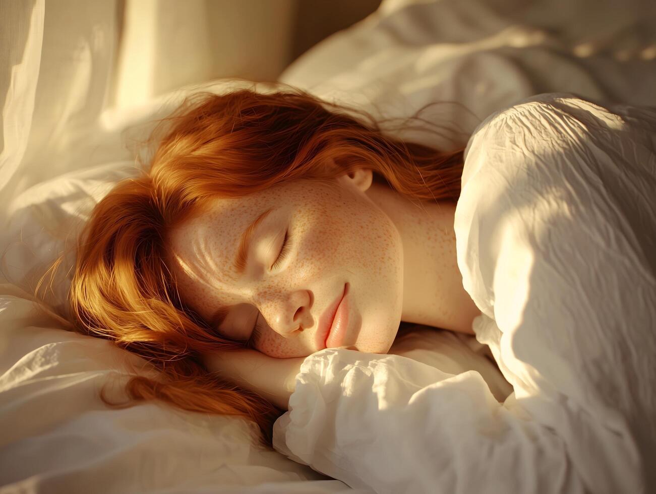 Serene Lifestyle Portrait of a Mature Freckled Redhead Woman Sleeping photo