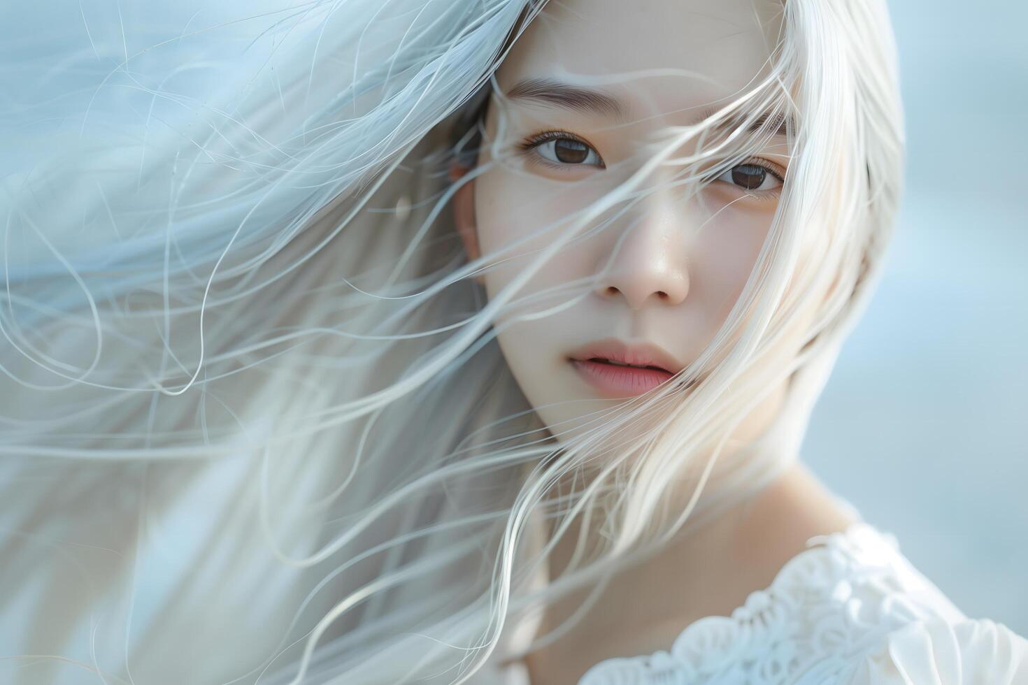 Soft Portrait of Young Asian Woman with White Hair in White Dress photo