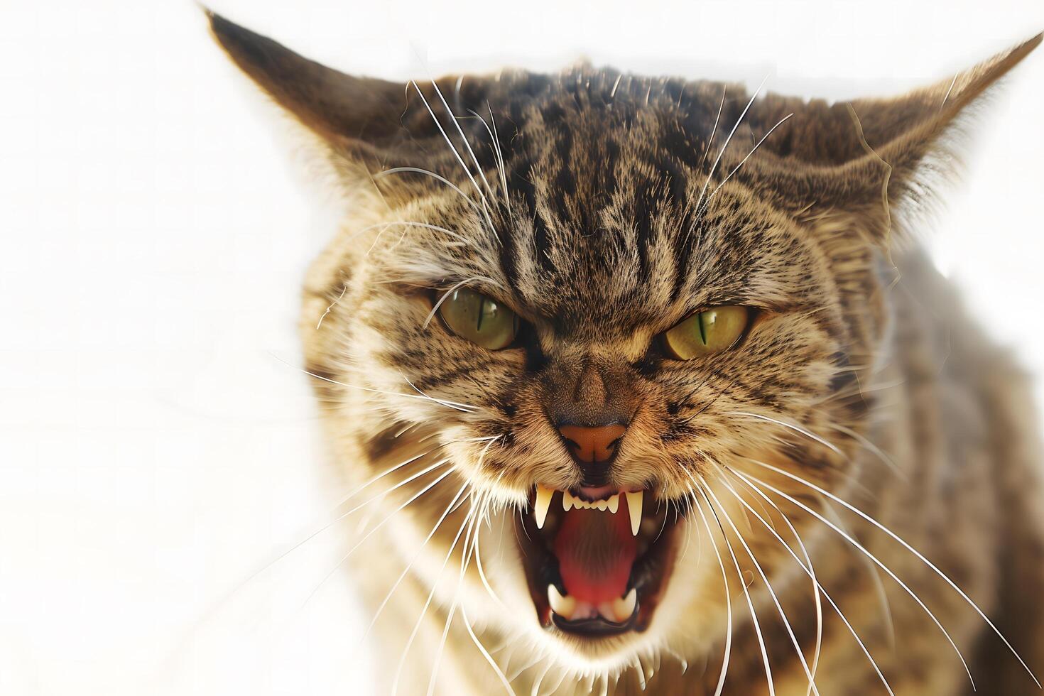 Angry Cat Hissing with Bared Teeth - Isolated Close-Up photo