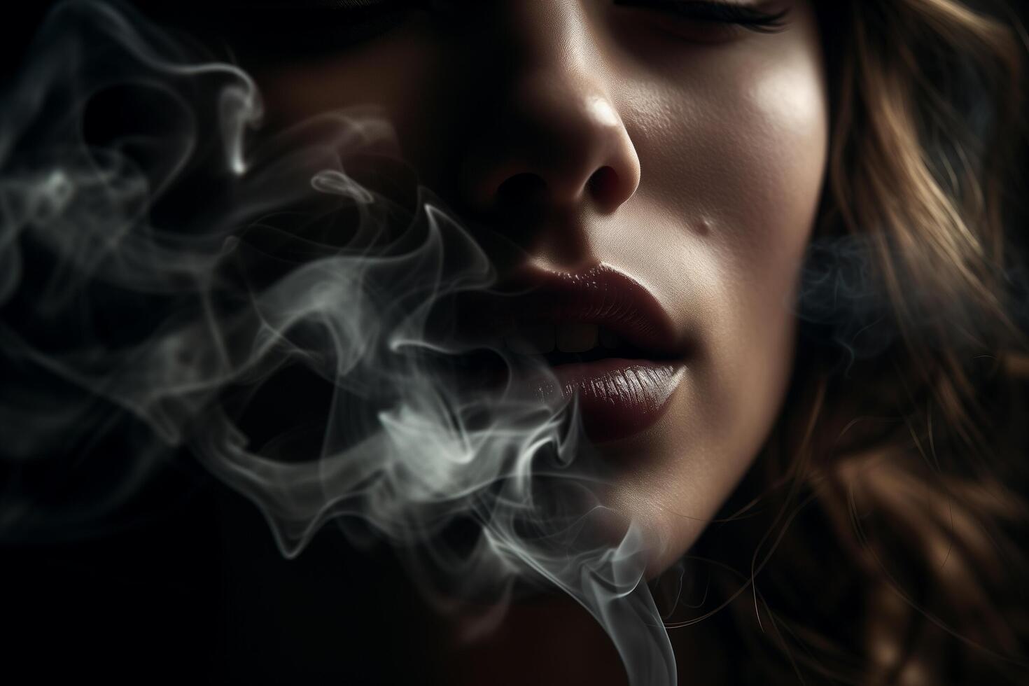 Close Up Woman Lips Blowing Smoke Clouds photo